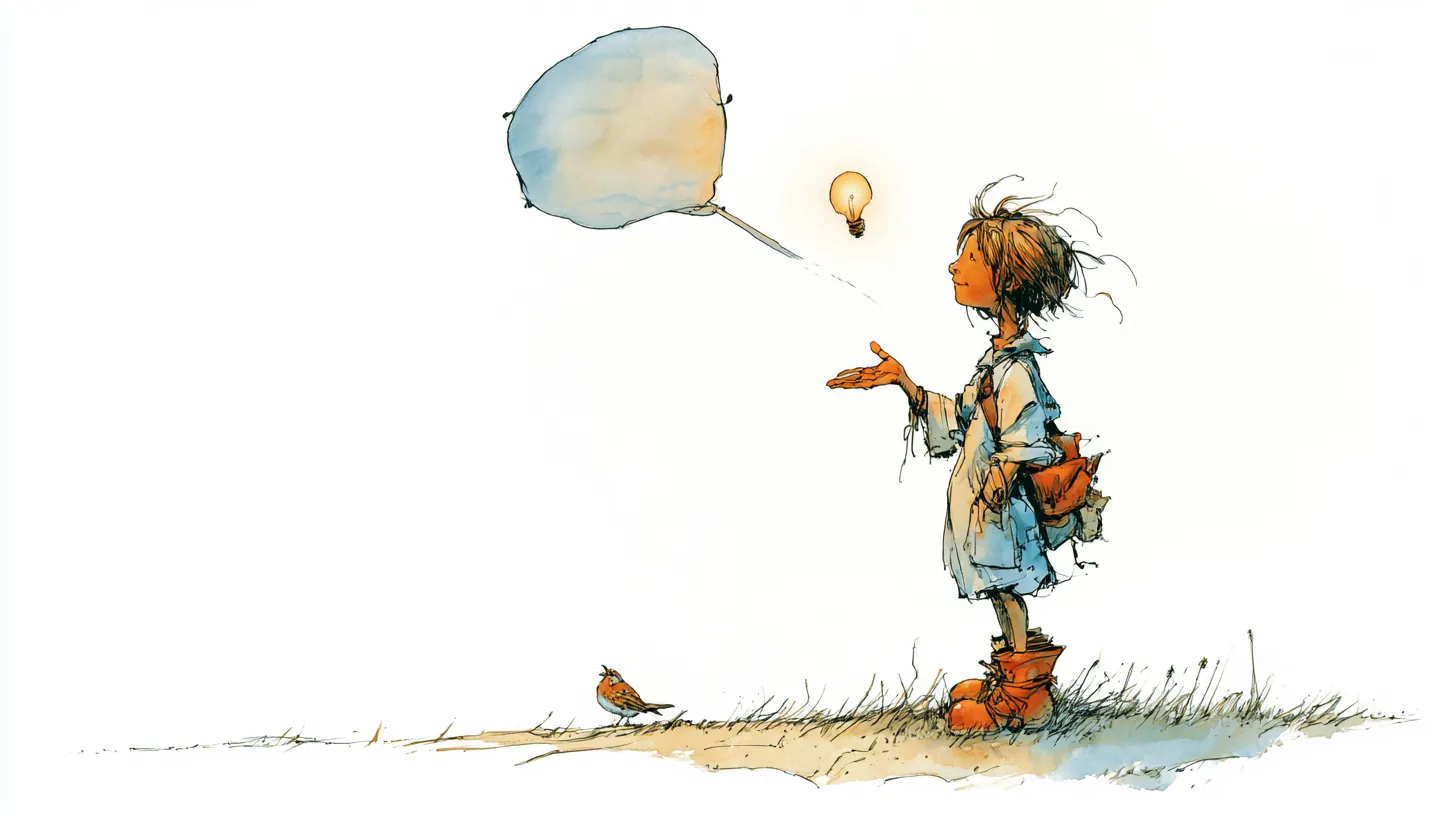 Tekening van een kind dat een lampje opvangt, met een leeg tekstballonnetje erboven
