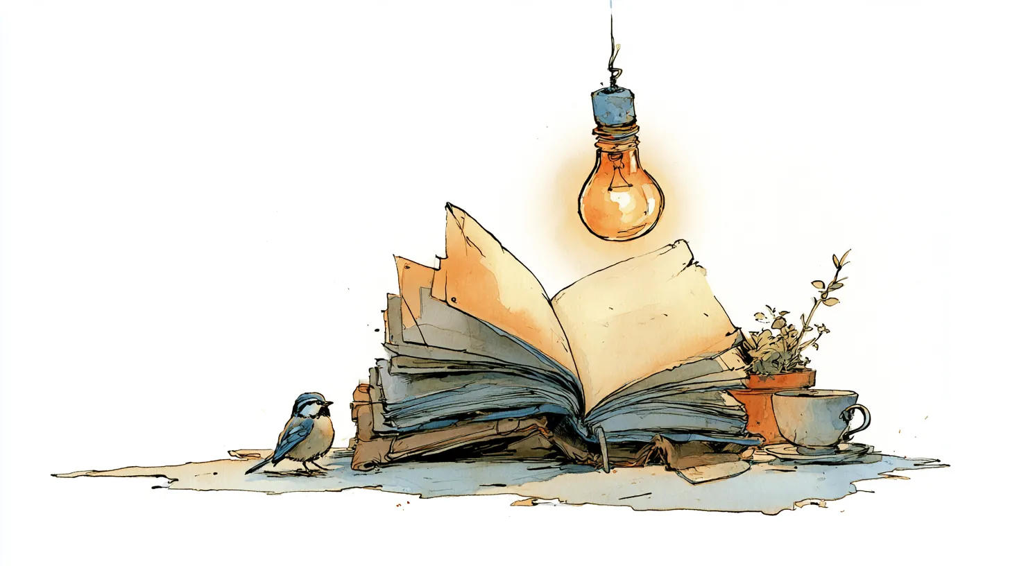 Tekening van een open boek onder een brandend lampje, met een vogeltje ernaast
